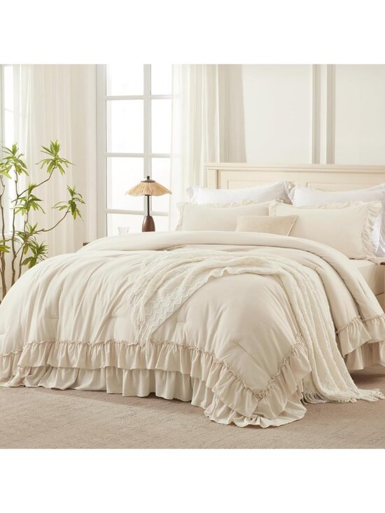Other - Beige Ruffle Full Size Comforter Set - 3 Piece Cozy Bedding Ensemble